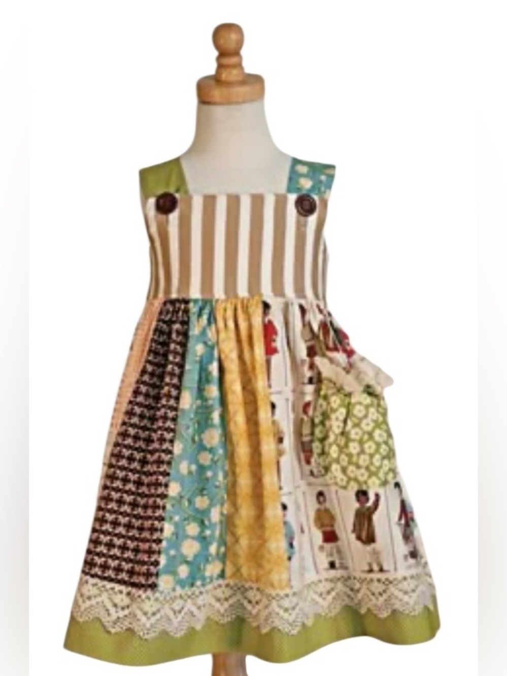 Persnickety Patchwork Dress Mixed Fabrics Crochet Trim Size 18 months